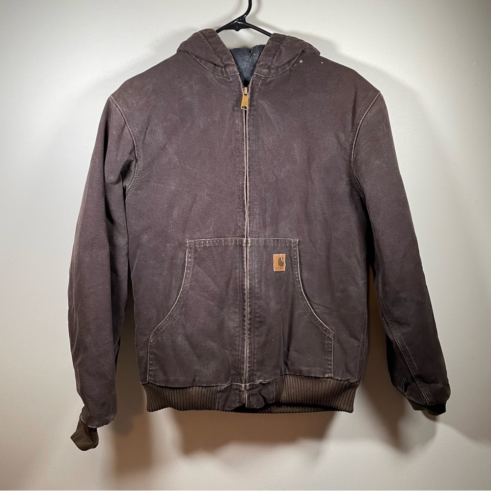 Vintage CARHARTT Youth Dark Brown Heavy Quilt Lined Hooded Jacket XL YYJ130